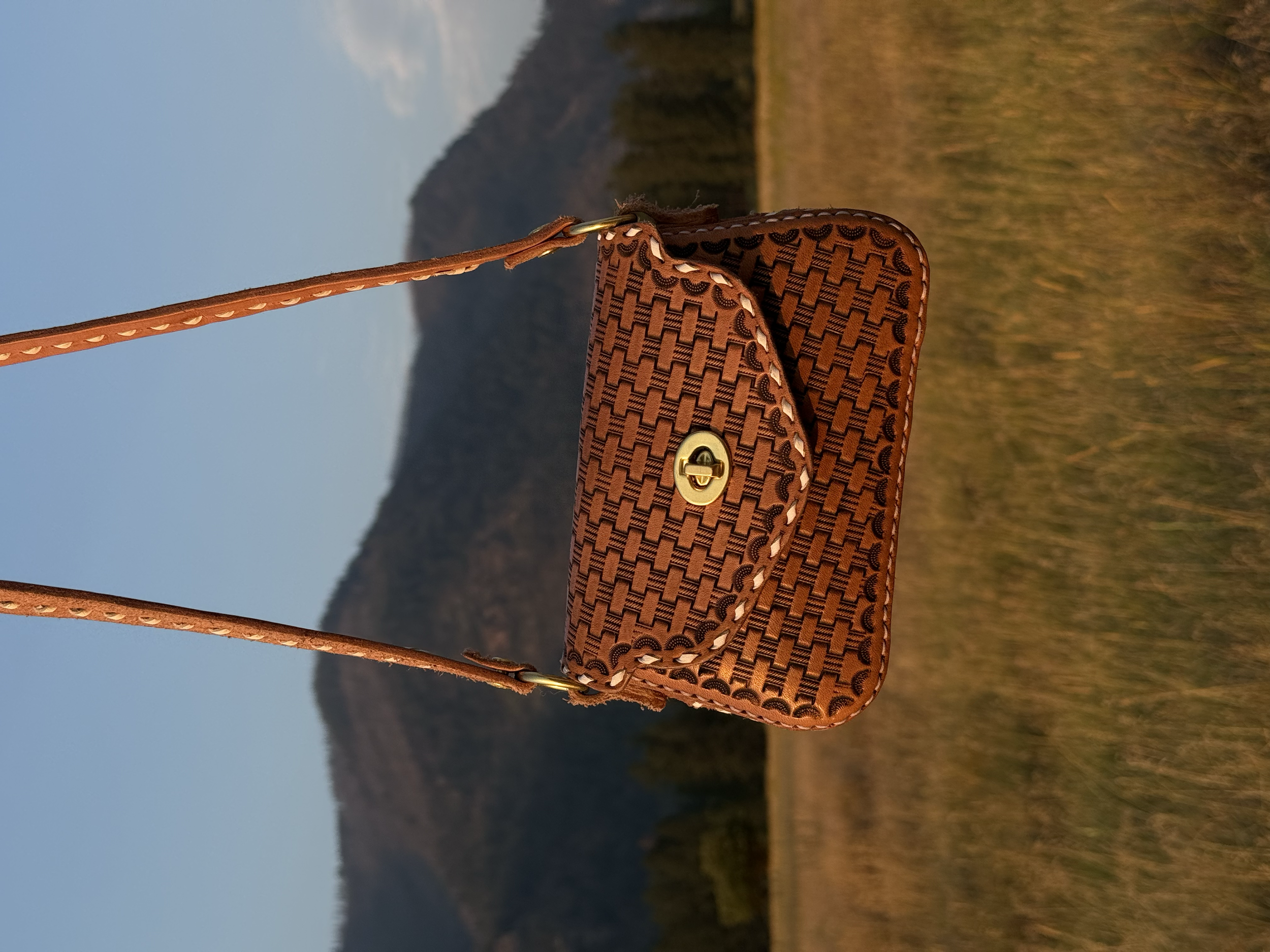 A close-up of a leather handbag with a woven pattern, resting on a wire strap, with a landscape of mountains, trees, and open sky in the background.
