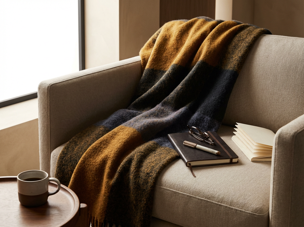 A cozy living room scene with a beige sofa draped with a brown, black, and mustard plaid blanket. On the sofa are a closed black book, a pair of glasses, a pen, and a stack of papers or notebooks. A wooden side table with a beige mug full of coffee is nearby. Natural light filters through a window, creating a warm atmosphere.