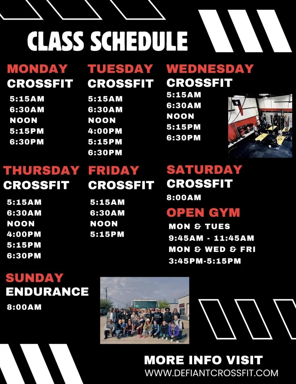 Class schedule for a CrossFit gym in Round Rock, Texas outside of Austin showing weekly class times, a group photo of gym members and community, and a photo of the gym interior. Class times Monday-Sunday are listed from the Am to Pm and open gym.