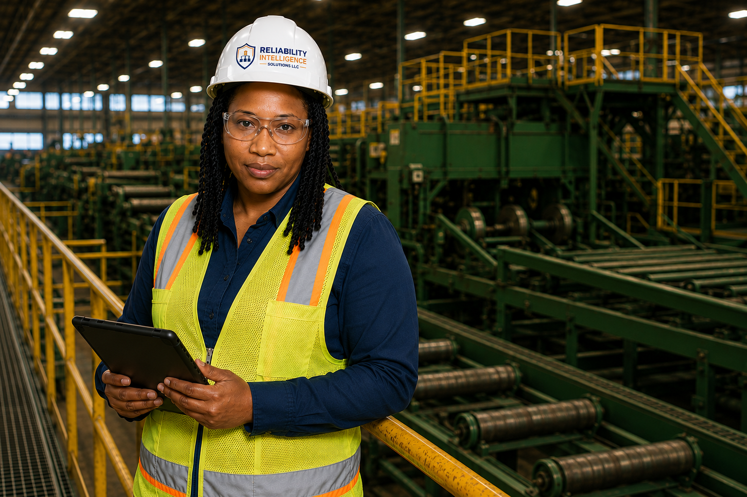 A woman wearing a safety helmet and reflective vest holding a tablet in an industrial factory with green machinery and yellow safety railings.