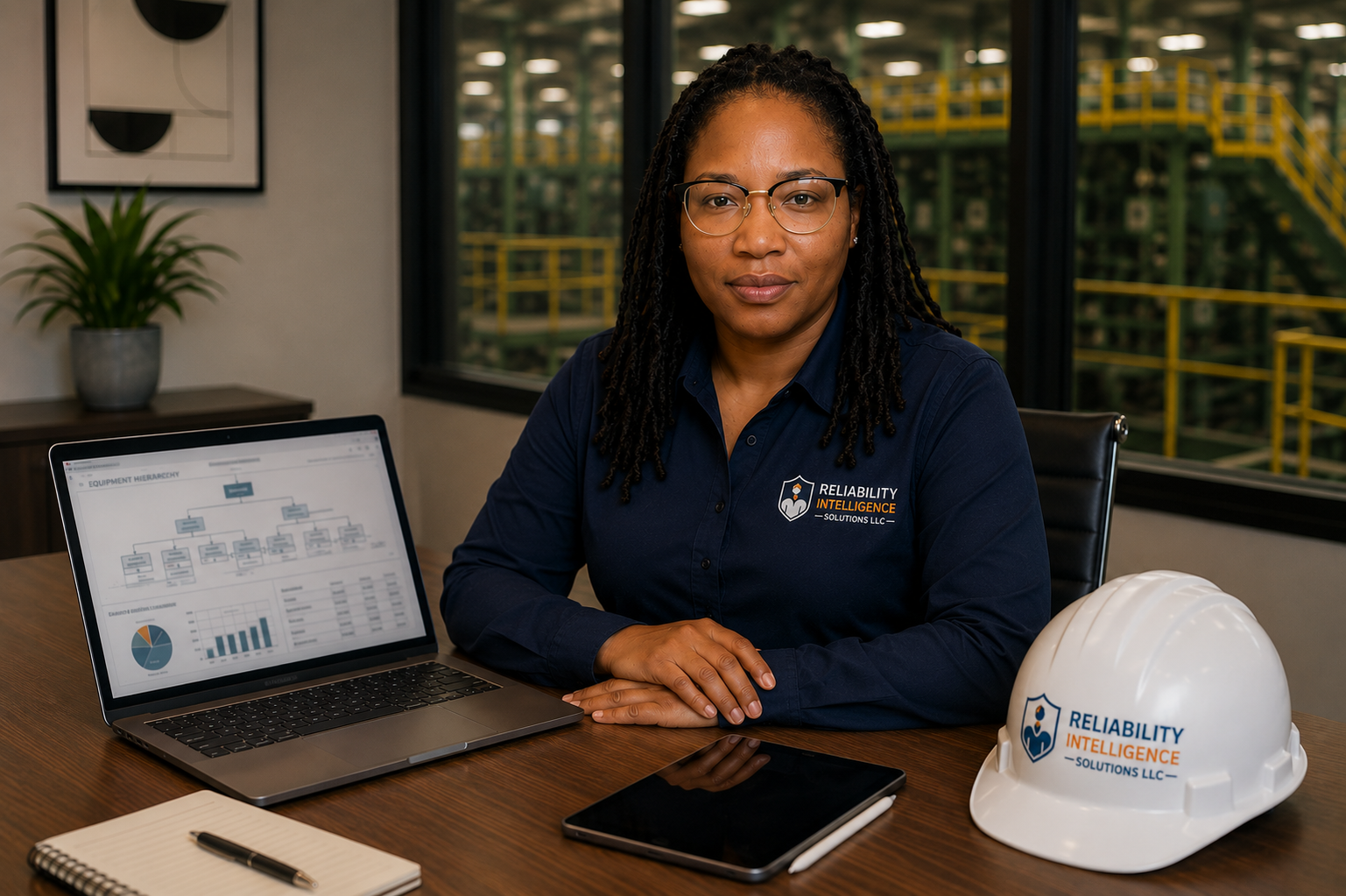 A woman with glasses and curly hair sitting at a desk with a laptop, a tablet, a notebook, a pen, and a white safety helmet, all branded with Reliability Intelligence Solutions LLC logo, in an industrial office setting with factory view through the window.