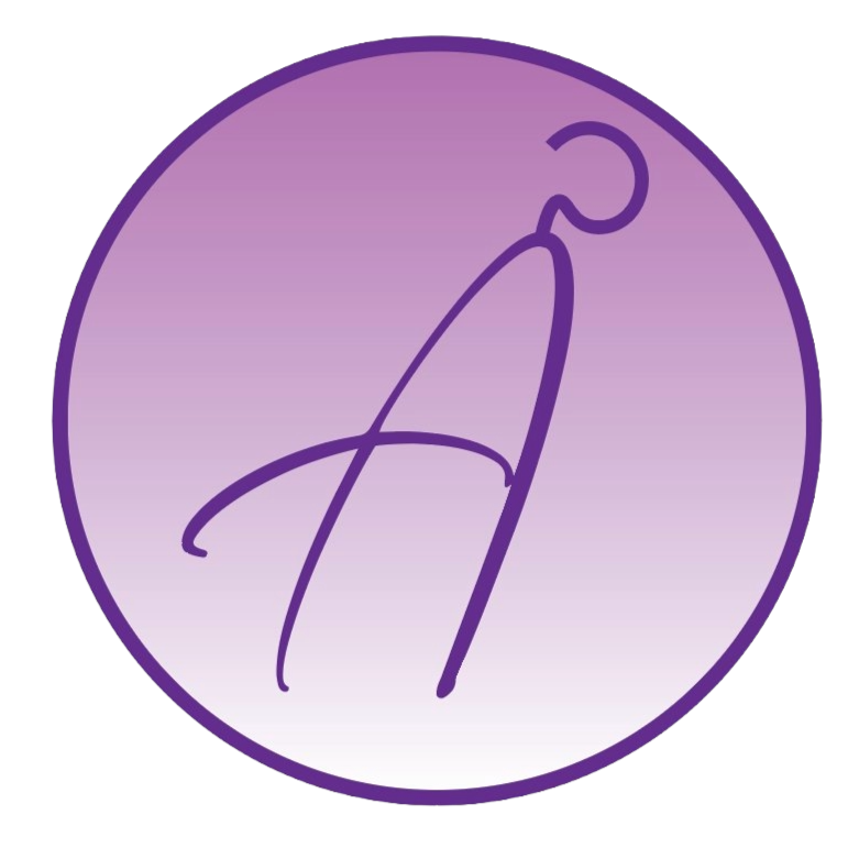 A circular logo with a purple background featuring a stylized, cursive letter 'A' in a darker purple shade.
