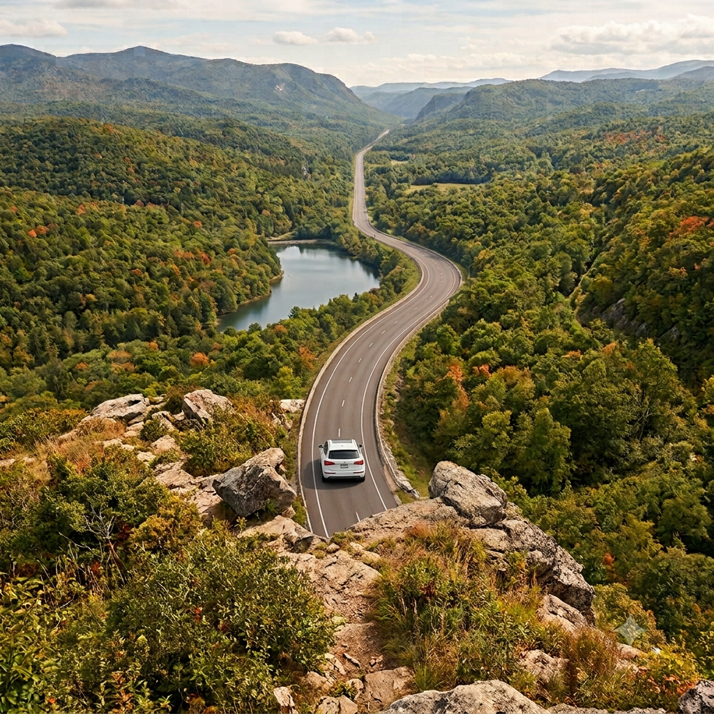 A winding mountain road with a silver car traveling on it, surrounded by lush green foliage and distant mountains under a partly cloudy sky.