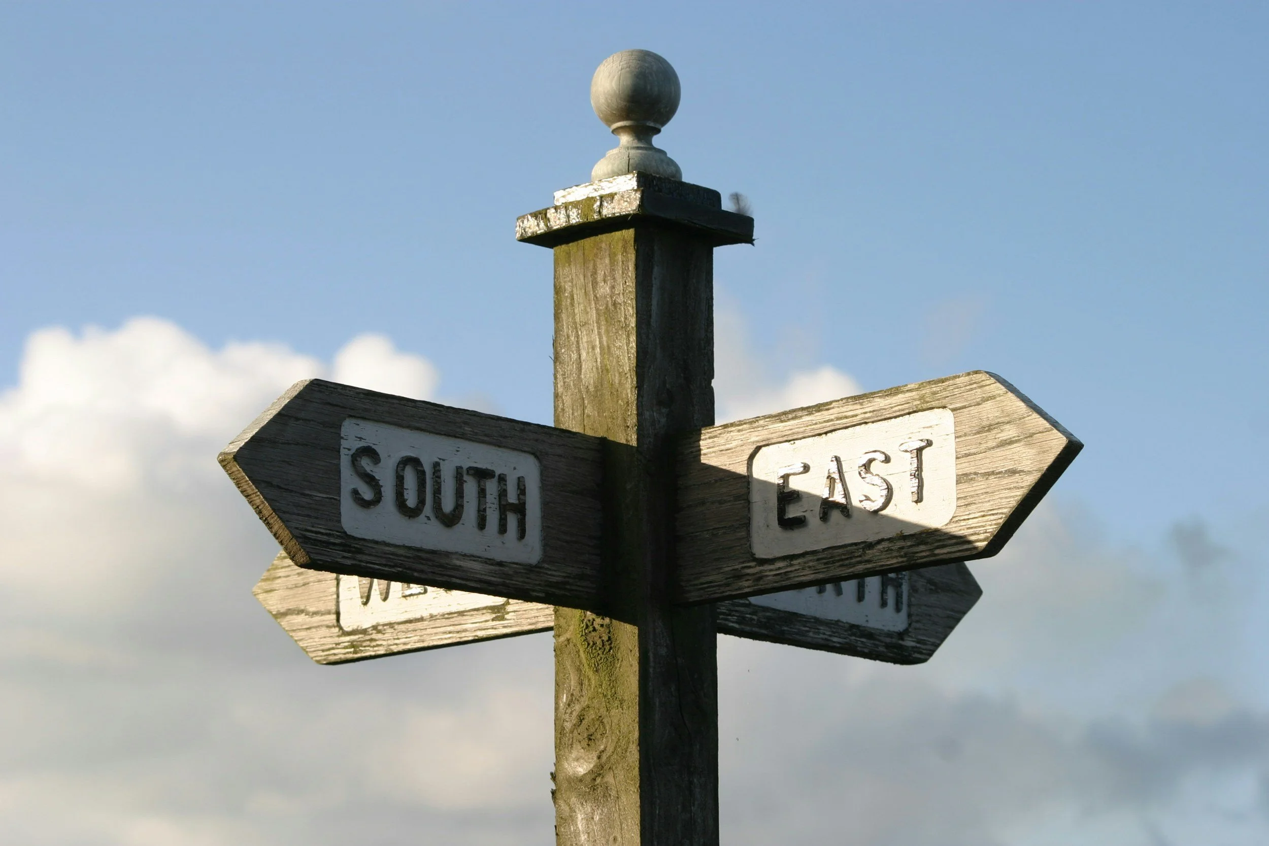 A wooden signpost with directional signs reading 'South' and 'East' mounted on a weathered wooden pole with a decorative ball on top, against a partly cloudy sky.