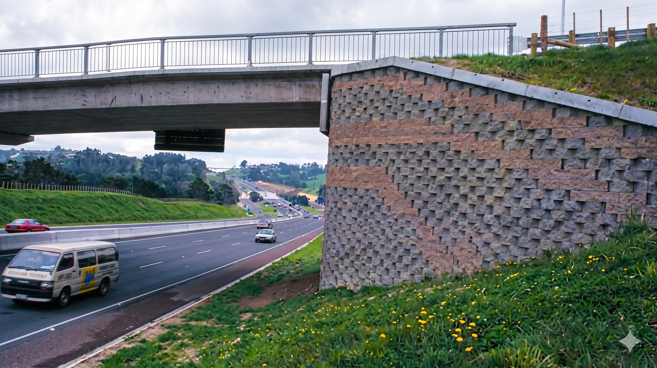 Vista de una autopista con varios autos y un puente elevado sobre la vía, rodeado de áreas verdes y colinas en el fondo.