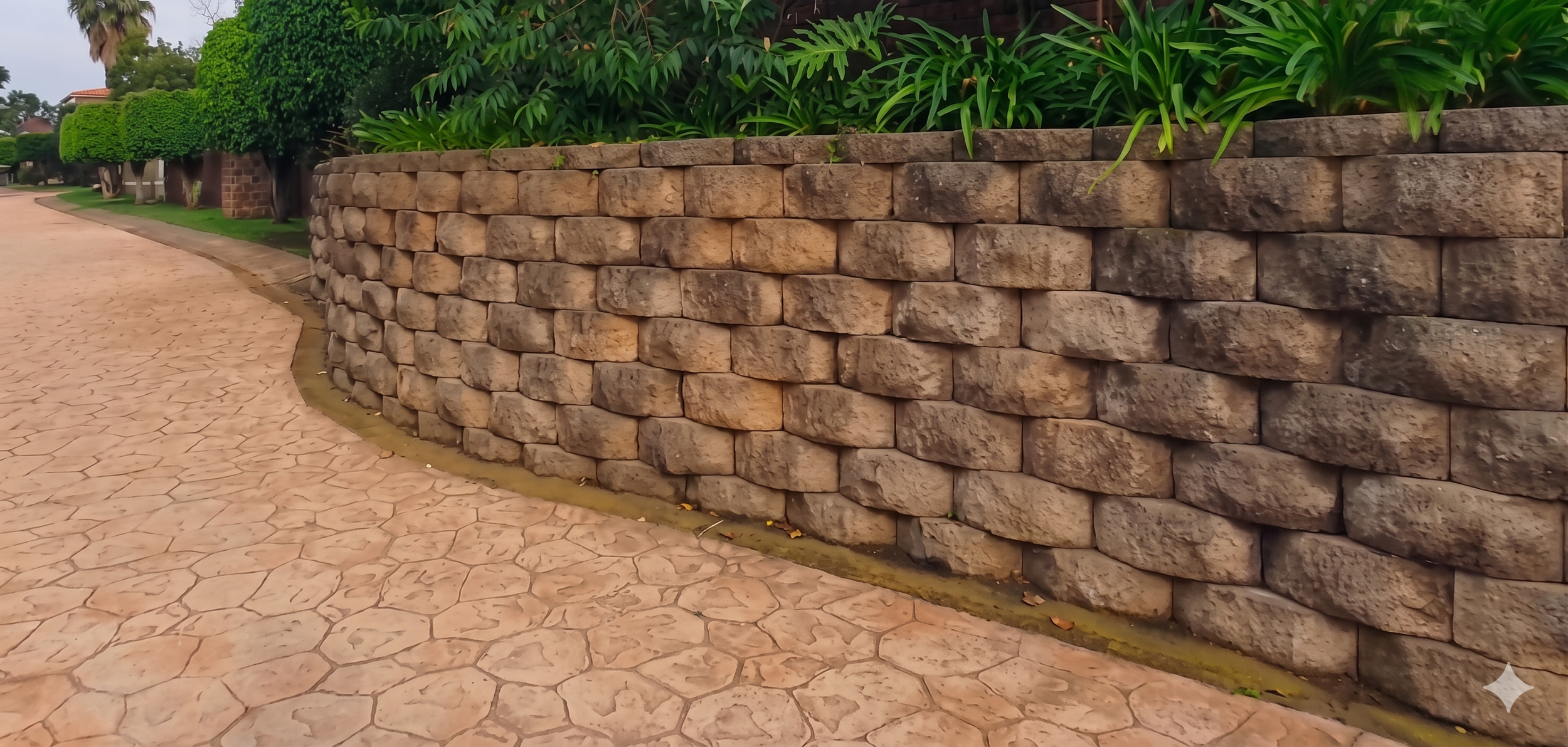 Muro de piedras cacheadas decorativo en un jardín. Caminito de adoquines a la izquierda.