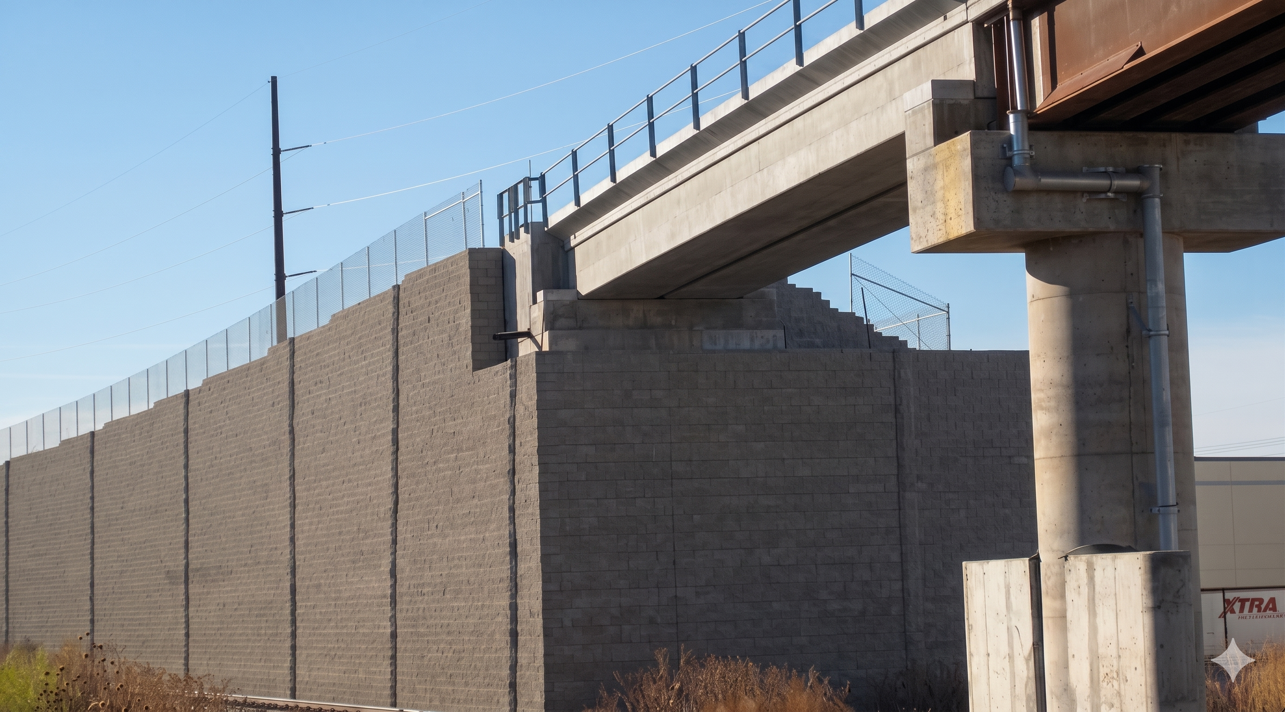 Muro de concreto con barandillas en la parte superior, estructura de puente en construcción, cables eléctricos y poste eléctrico contra cielo despejado.