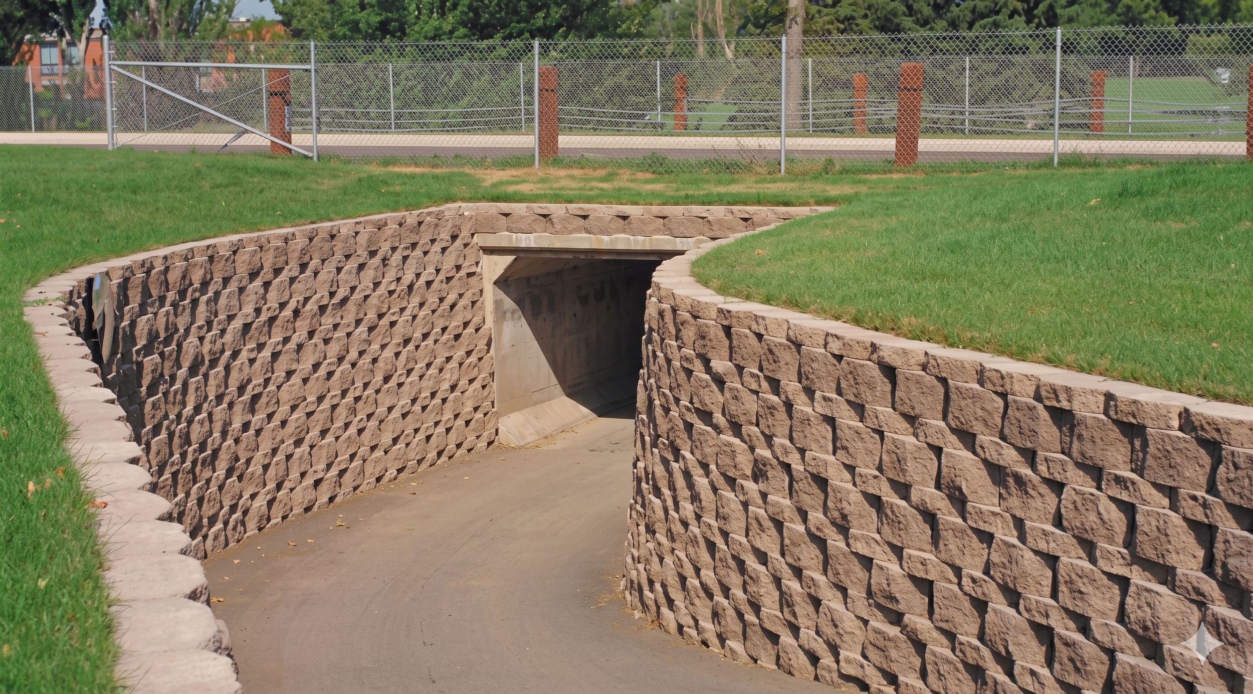 Vista de un área de parque con rocas decorativas que forman una especie de muro, con una abertura en el centro, en primer plano. Al fondo, una cerca metálica y un campo con árboles y algunas edificaciones.