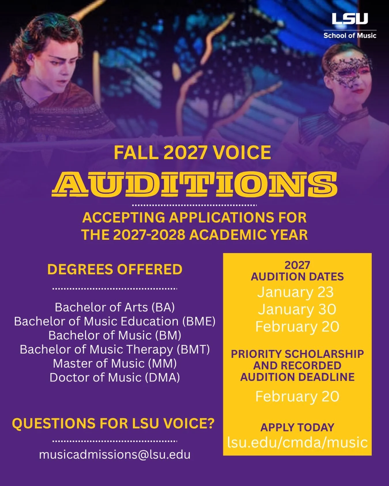 Applications for our 2027-2028 academic year are OPEN! Come join us at LSU for your voice studies 💜💛 DM &ldquo;LSU&rdquo; and let&rsquo;s chat!

And I&rsquo;ll add a little shoutout for #StudioLKB; we&rsquo;re pretty awesome 🐯