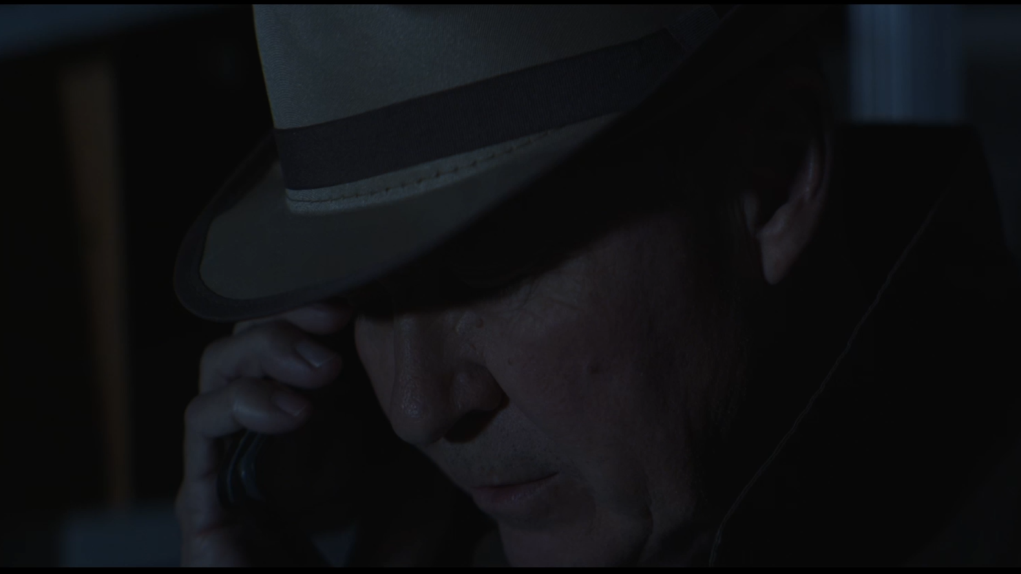 A person wearing a beige fedora style hat with a dark band, holding a phone to their ear. The person's face is partially obscured by shadows.