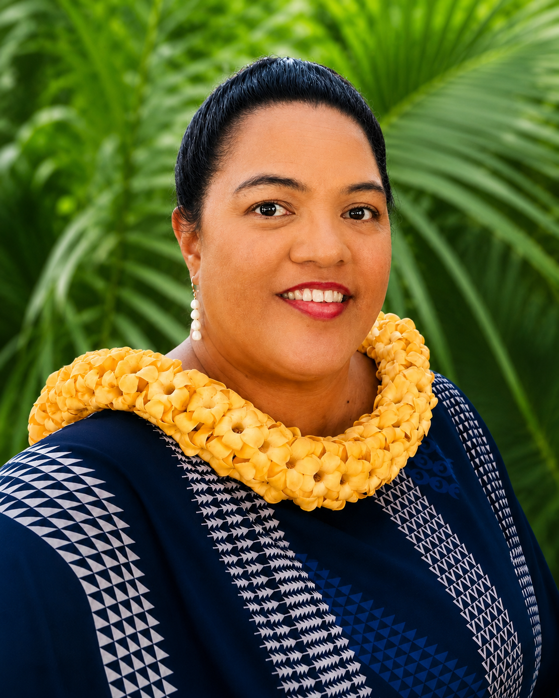 A woman wearing traditional Polynesian attire, including a yellow floral lei and a blue patterned dress, standing in front of green tropical plants.