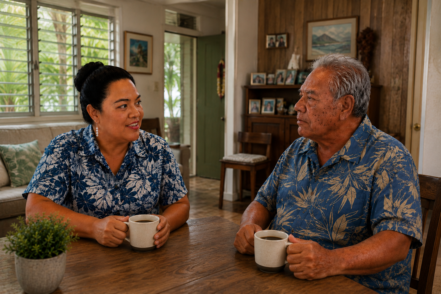 A woman and an elderly man sitting at a wooden table in a cozy, well-lit living room, having a conversation over coffee, both wearing matching blue Hawaiian shirts.