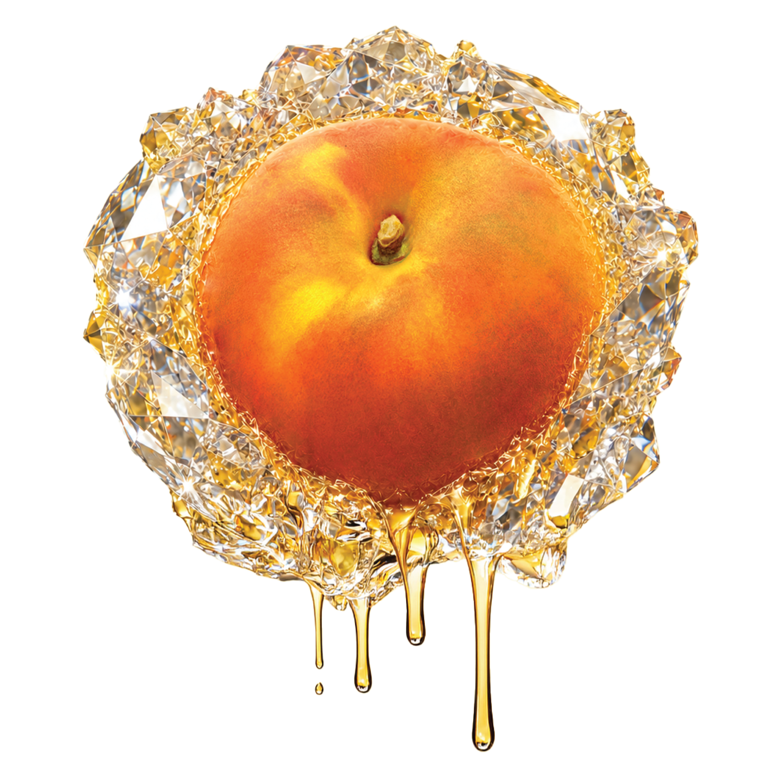 A peach with a metallic wrap partially peeled back, revealing the fruit, with melted gold-colored dripping around it.