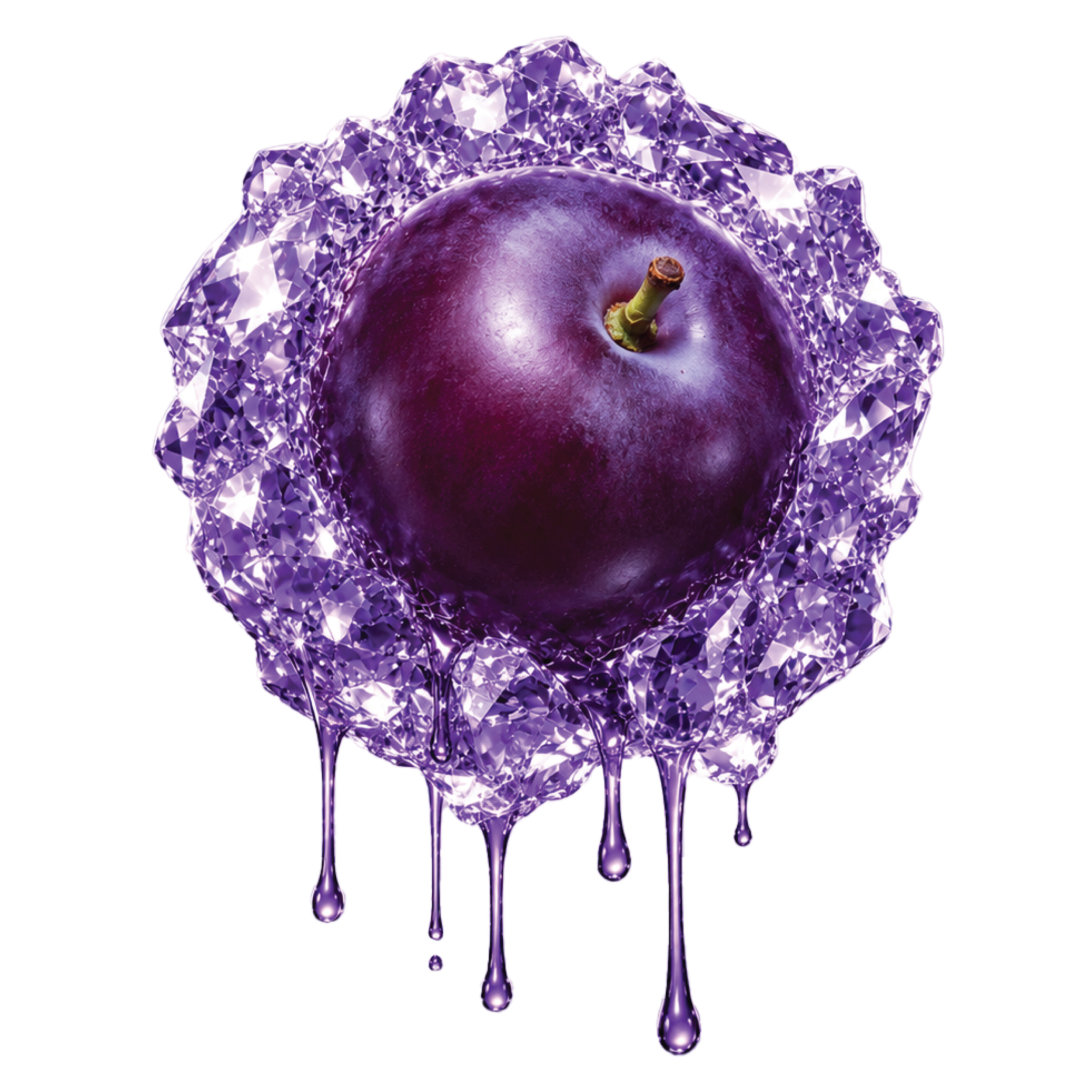 A purple apple with a diamond-like appearance surrounded by purple liquid dripping down.