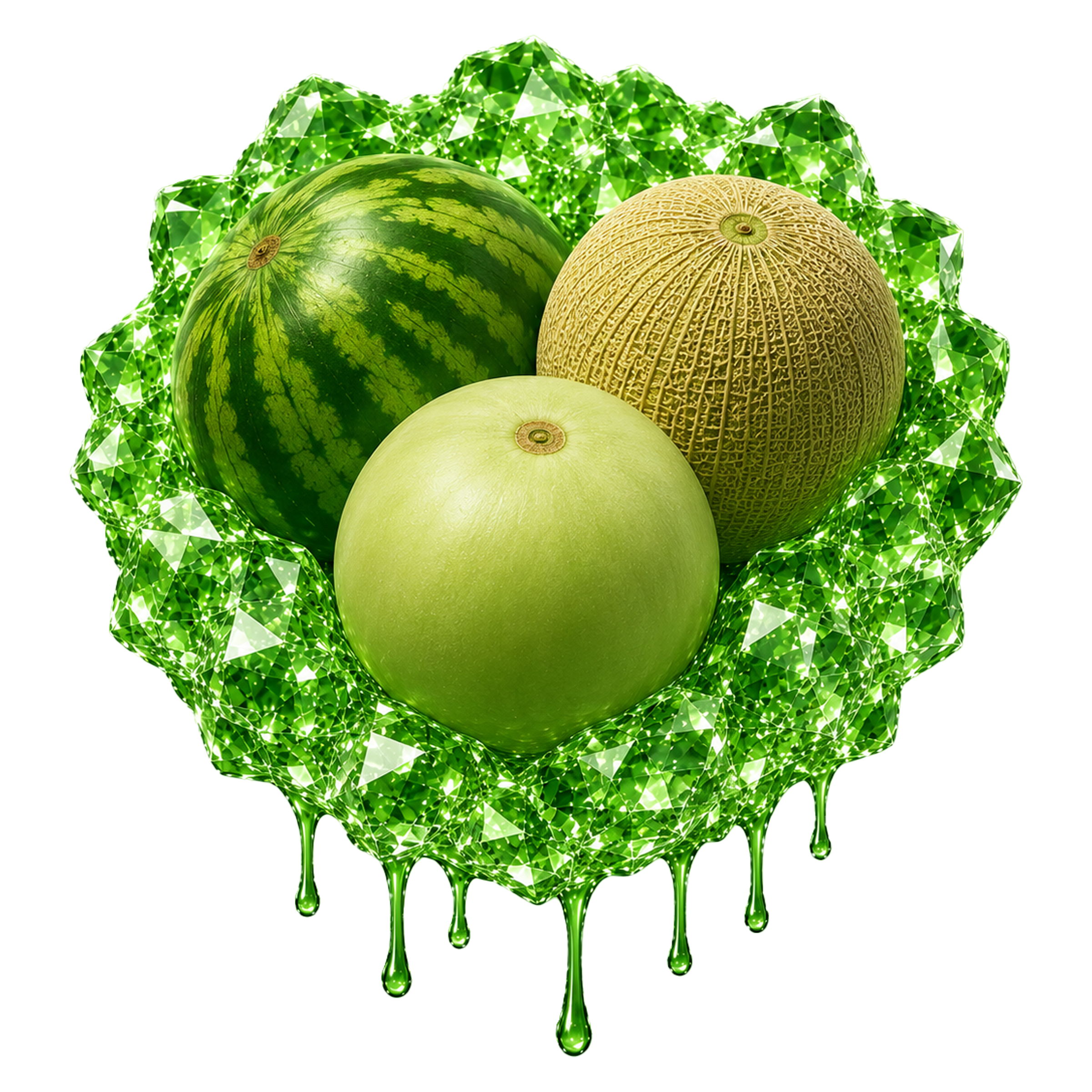 Close-up of several melons, including a watermelon, cantaloupe, and honeydew, with green geometric decorative background.