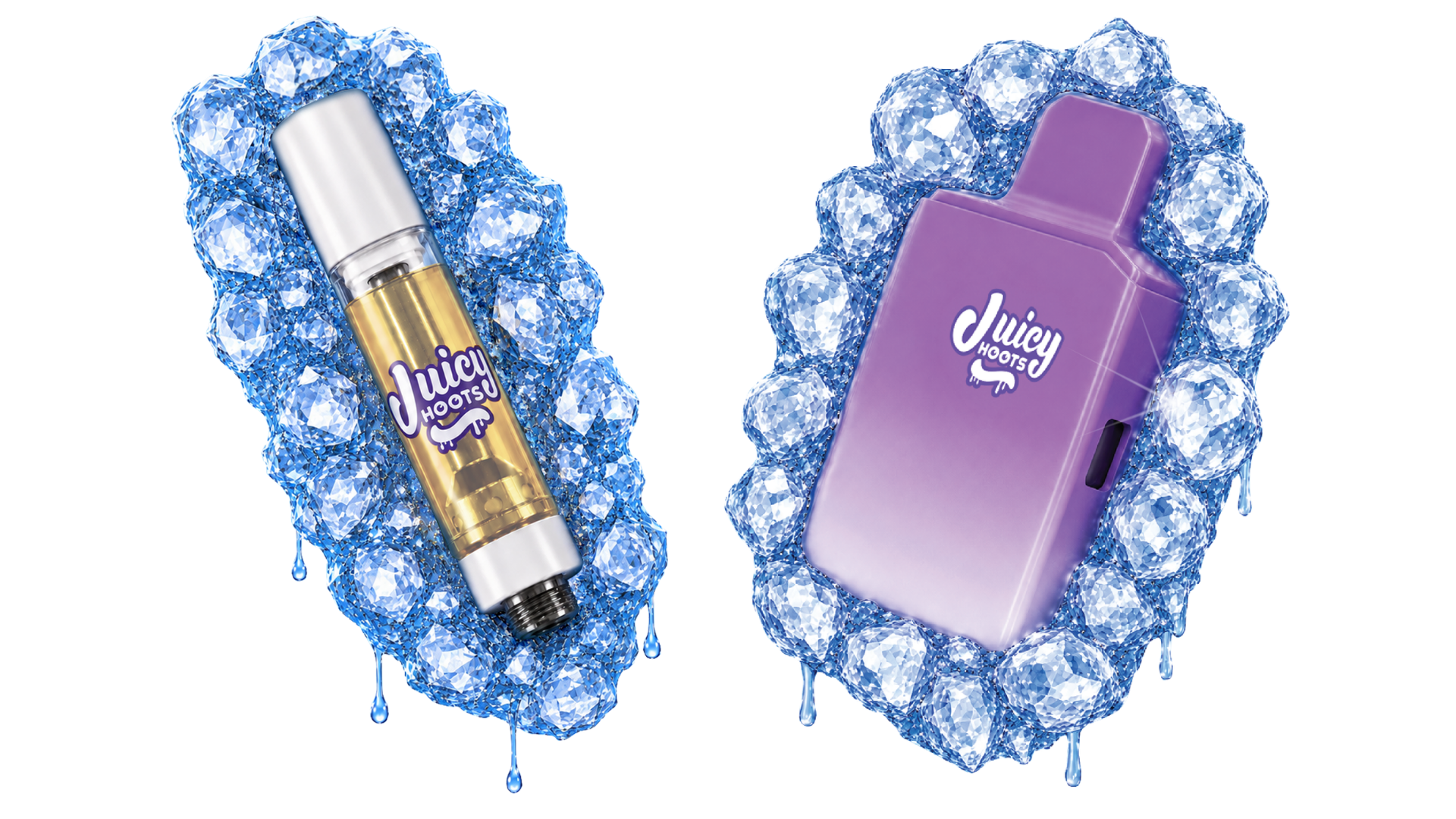A vape pen and a vaping device surrounded by ice cubes with the Juicy Hoots logo.