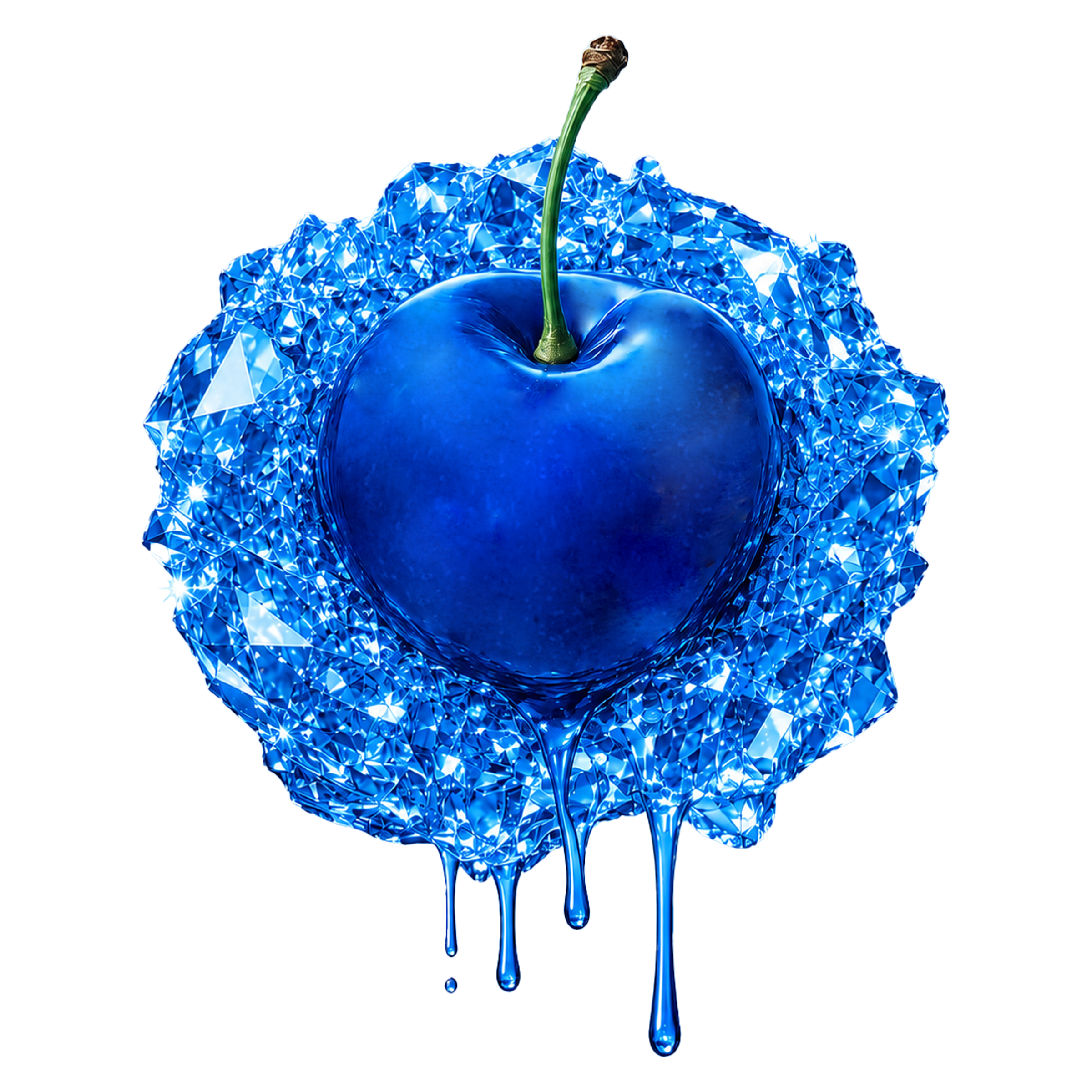 A digital illustration of a cherry covered in blue, crystal-like facets with a stream of liquid pouring from a faucet above, creating a dripping effect.