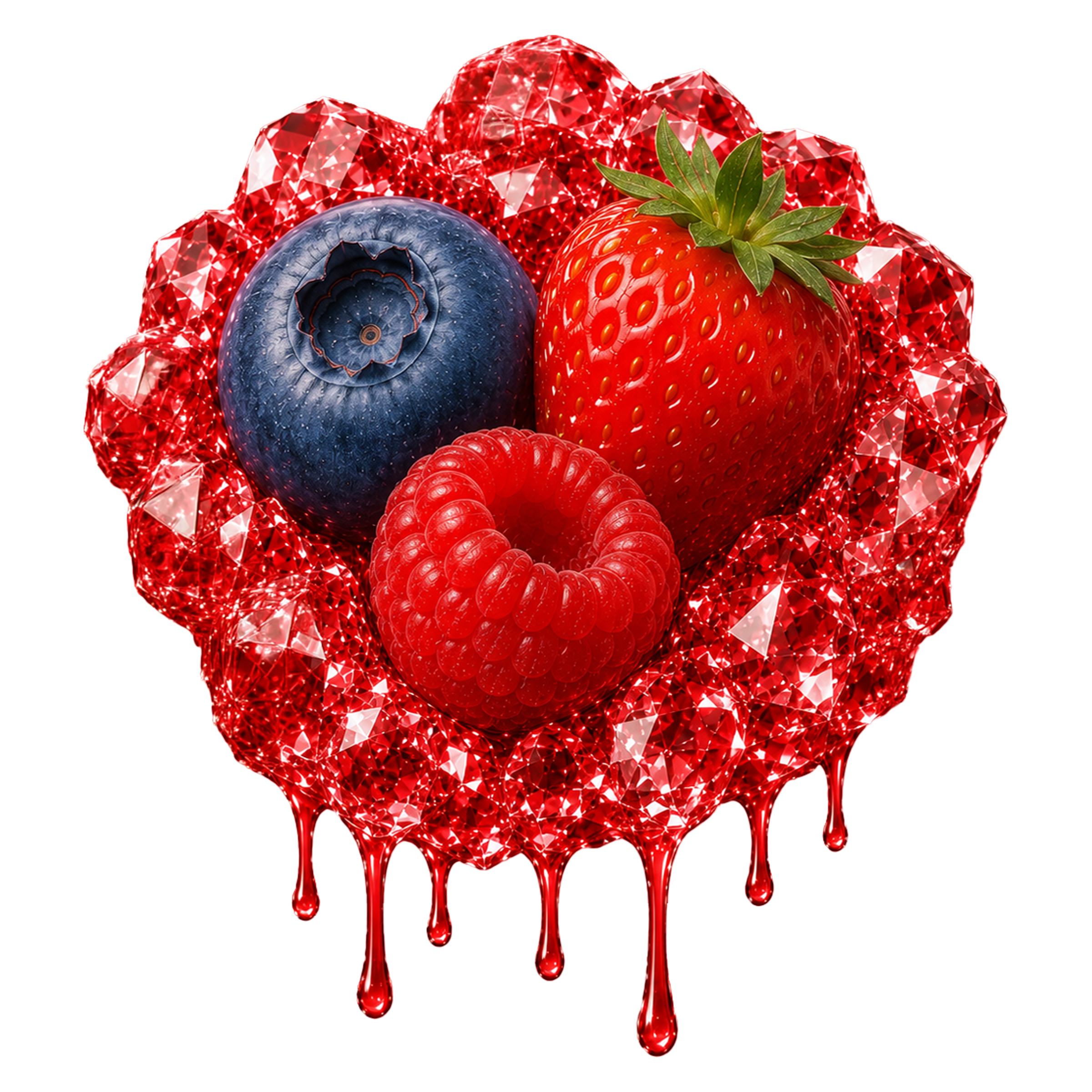 A digital art image of a strawberry, blackberry, and raspberry on a bed of glittering red crystals or jewels with red liquid dripping from the edges.