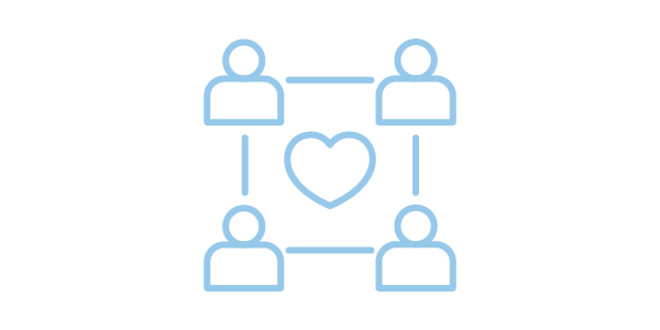 Outline of four people connected in a square with a heart in the center