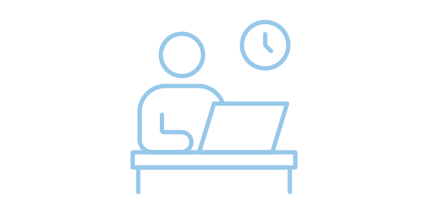 Line art illustration of a person working at a desk with a laptop, a clock on the wall showing the time as 3 o'clock.
