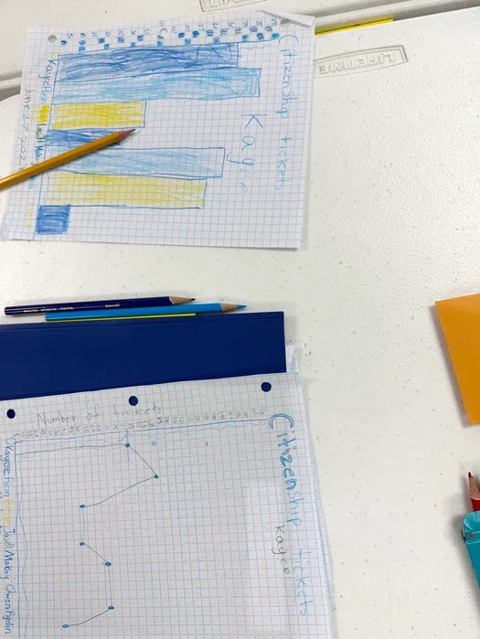 Open notebooks with handwritten notes and drawings, a blue ruler, two pens, a yellow sticky note, and a small blue box on a white desk.