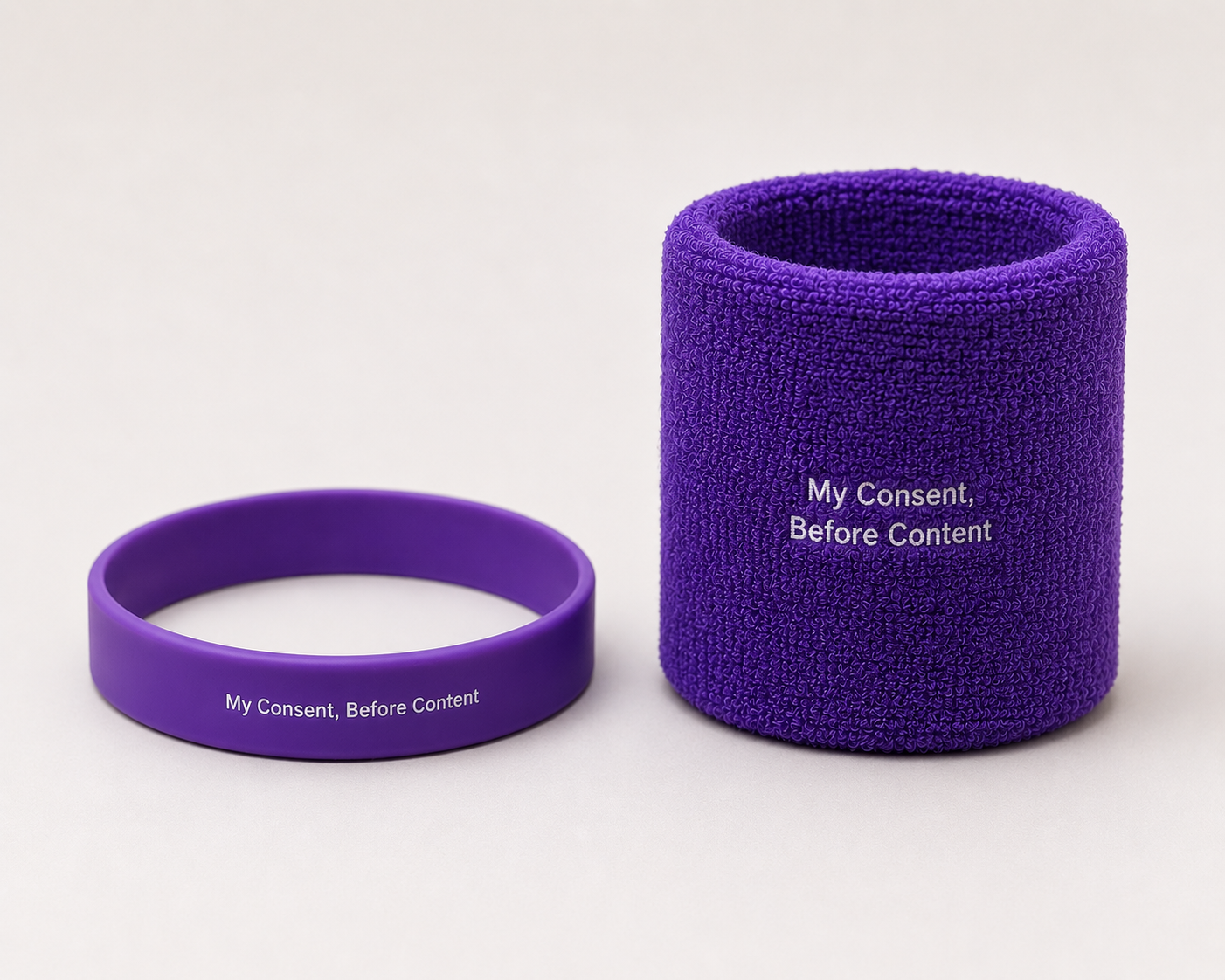 A purple silicone wristband and sweat band, both with white text that reads "My Consent, Before Content."