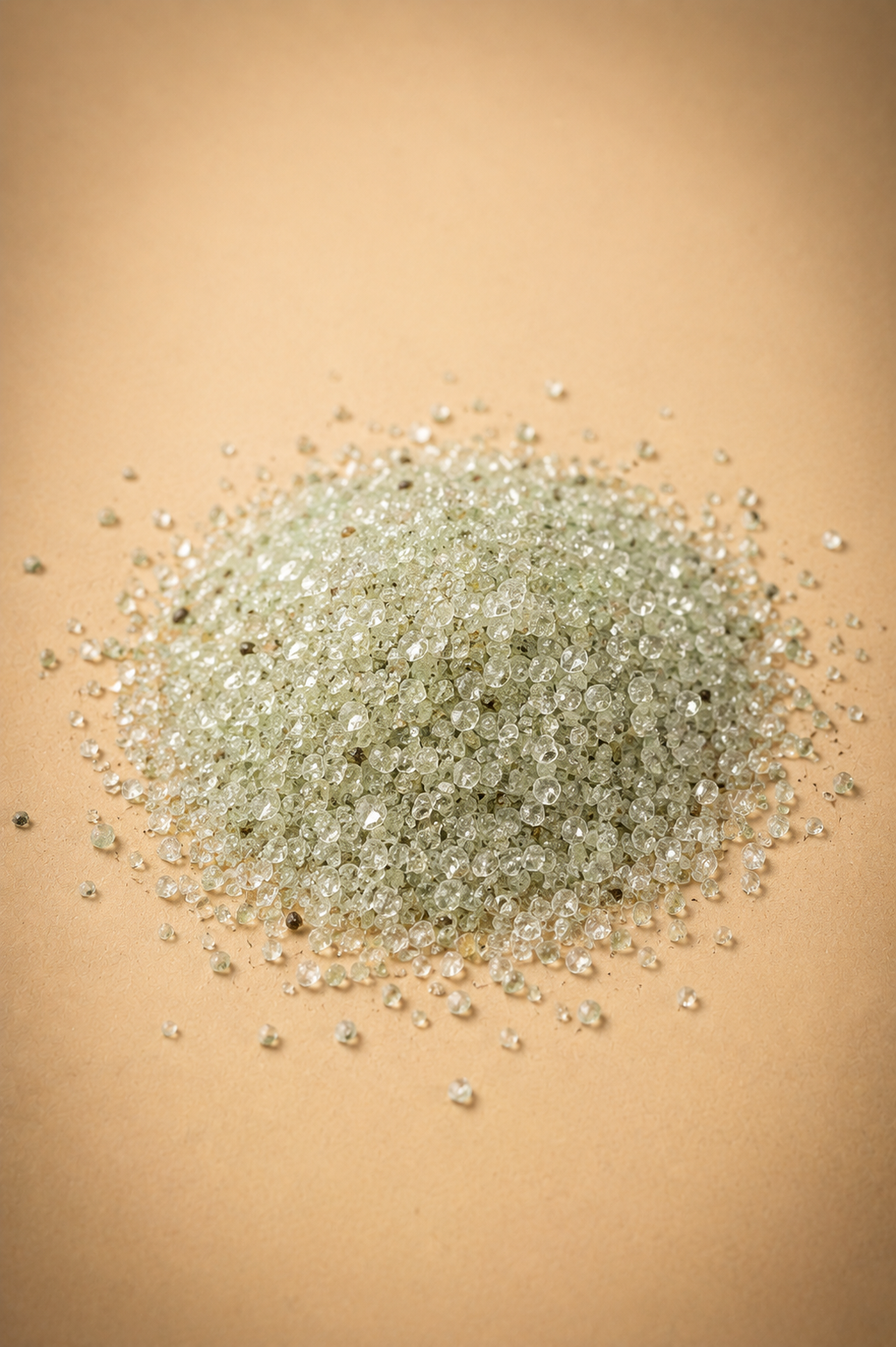 A pile of clear, shiny beads or gem-like objects on a beige surface.