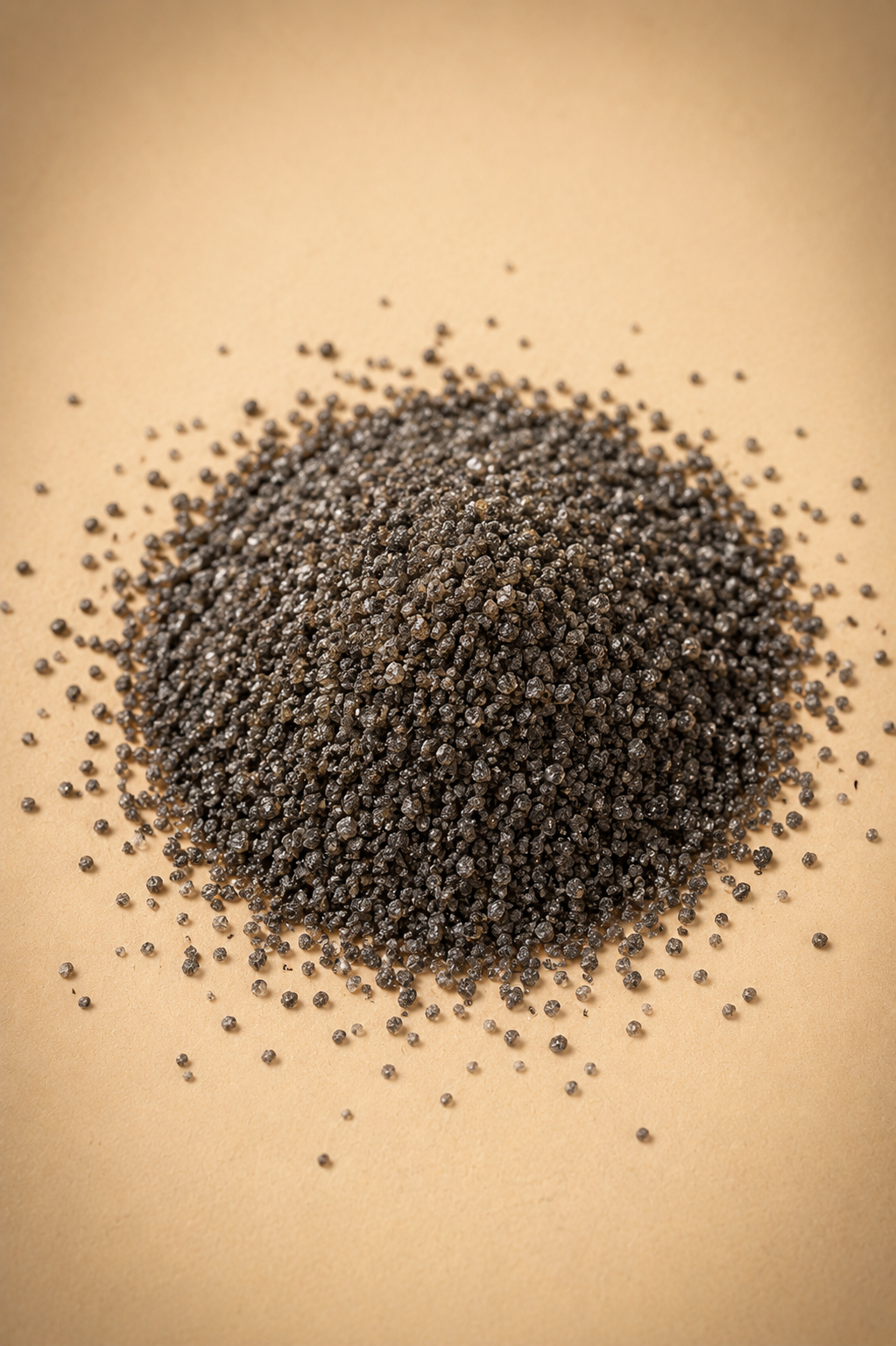 Heap of black peppercorns on a light brown surface.