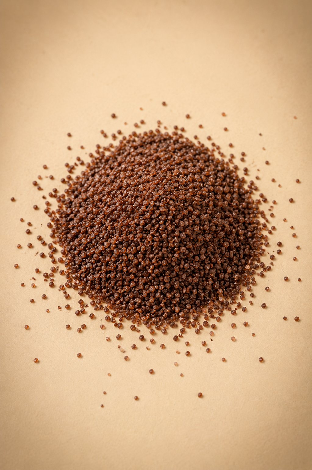 A pile of small, round, brown granules, likely coffee grounds, on a beige background.