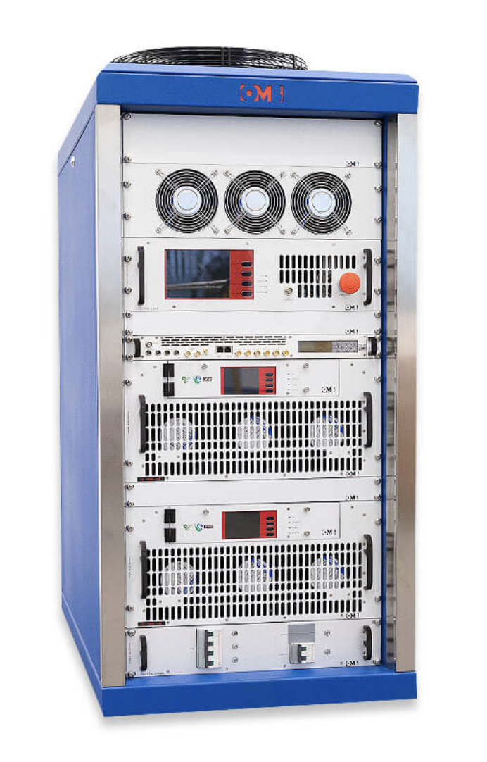 A large server or networking equipment rack with cooling fans and electronic components.