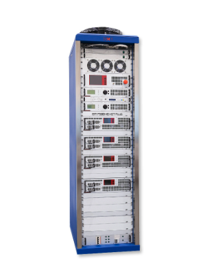 A tall server rack filled with various electronic equipment and networking hardware, including switches and servers, in a white and blue cabinet.
