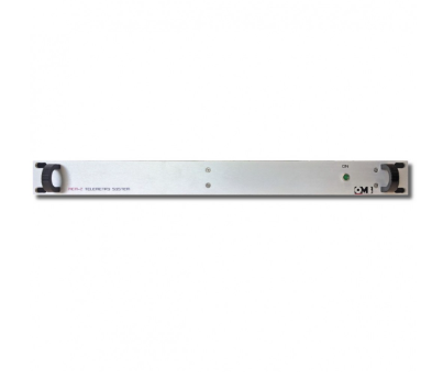 A server rack blanking panel with mounting brackets on both ends and a green LED indicator on the right side.