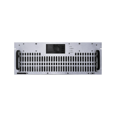 A professional server or data center equipment rack with ventilation holes and a small display screen on the front panel.