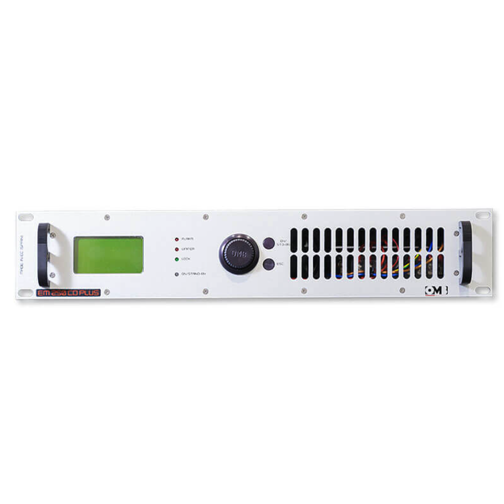 Audio amplifier with a digital display, volume control, and vented metal casing.