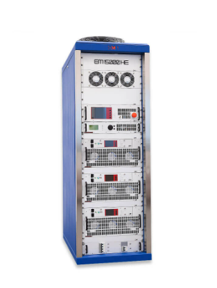 A blue server rack cabinet containing electronic equipment and networking hardware.