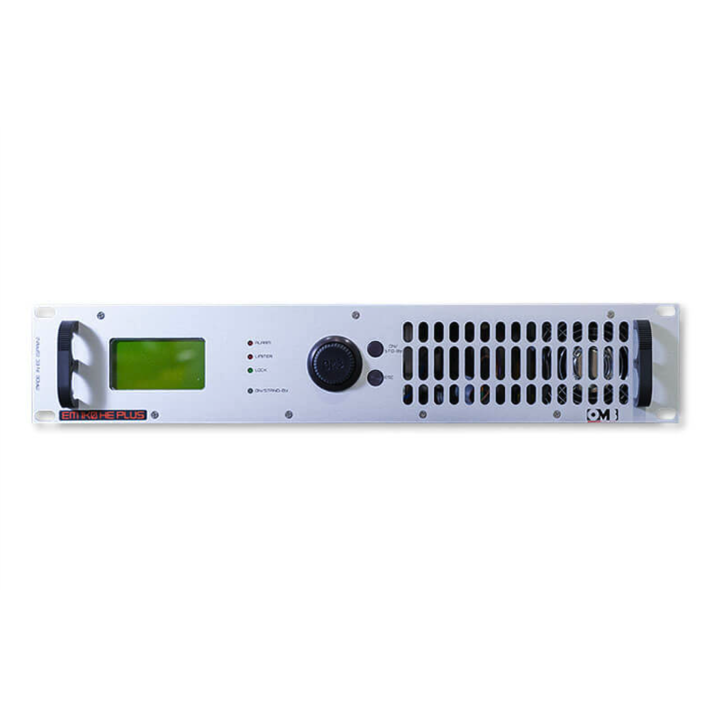 Rack-mounted audio amplifier with a digital display, control knob, and ventilation slots.