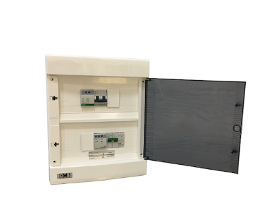 Electrical circuit breaker panel with open door showing switches inside.