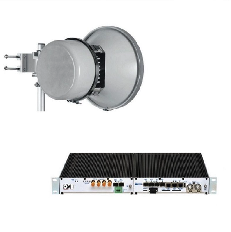 Satellite communication equipment including a parabolic antenna and a rack-mount transceiver device.