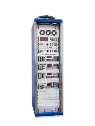 A tall blue server rack filled with various electronic equipment and networking hardware.