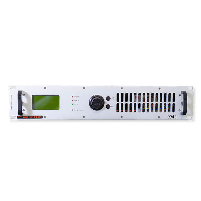 A white electronic module with a green display screen, multiple LEDs, a central black knob, and venting openings, likely used for audio or test equipment.