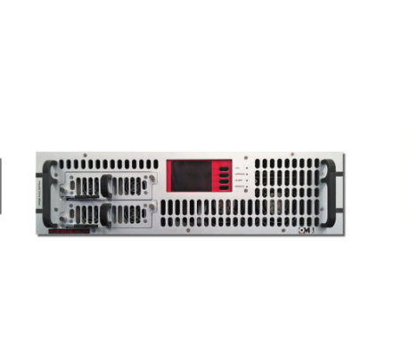 Front view of a server rack with ventilation holes and a digital display in the center.