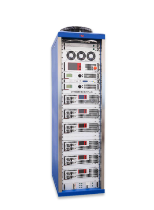 A tall, white data server rack with multiple electronic modules, situated inside a blue metal frame.