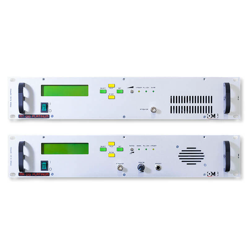Two wireless radio communication equipment units with green digital displays, control buttons, and ventilation grills, mounted on a white wall.