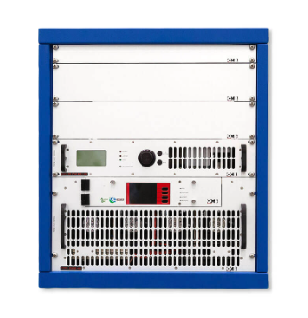 A white electronic rack mounted inside a blue frame, containing various electronic components and ventilation grills.
