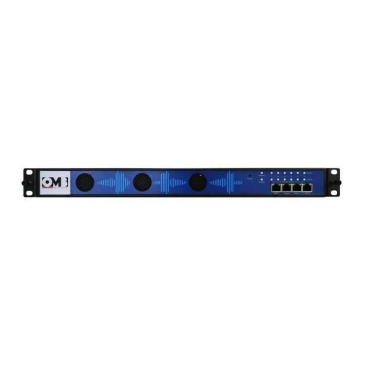 A blue audio interface rack-mounted device with three microphone inputs, LED indicators, and four Ethernet ports.
