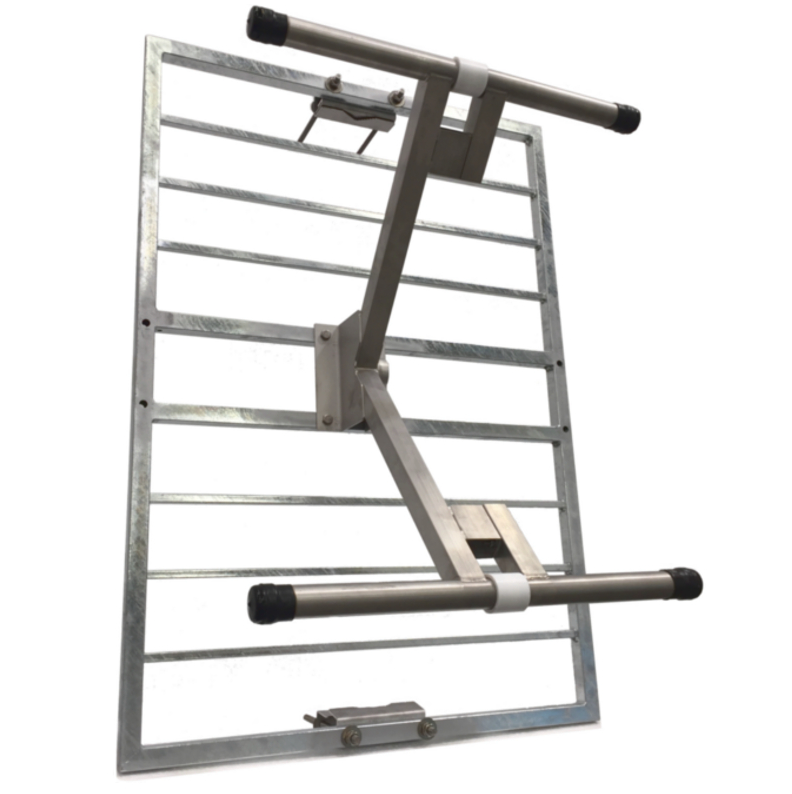 A metal attic or ceiling ladder with safety rails and a mounted retractable safety bar.