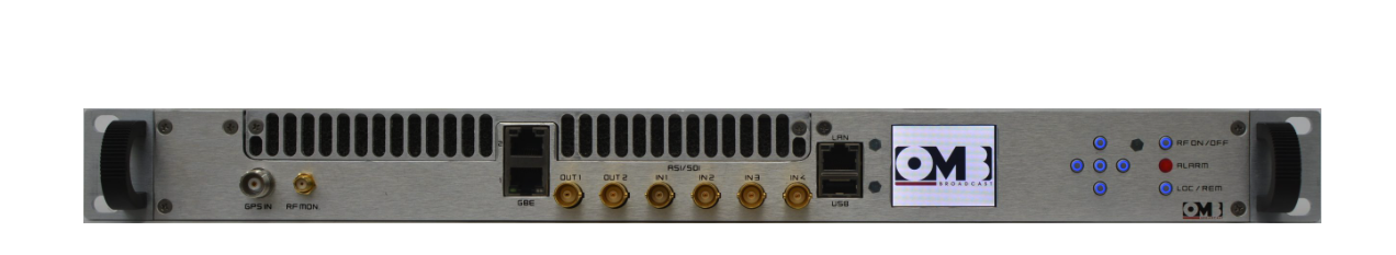 Rack-mountable broadcast equipment with a digital display, multiple ports including USB, Ethernet, and audio connectors, and indicator lights.
