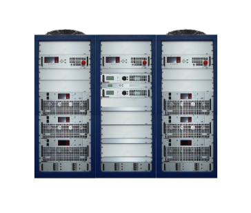 Three server racks filled with networking and computer hardware equipment.