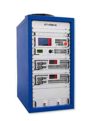 A blue server rack with electronic equipment, including circuit boards, displays, and control panels.
