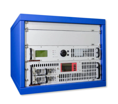 A blue server rack with multiple electronic devices and controls inside.